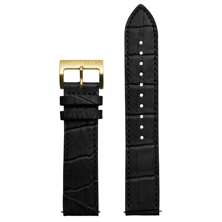 20mm Embossed Croc Black Strap Gold Buckle