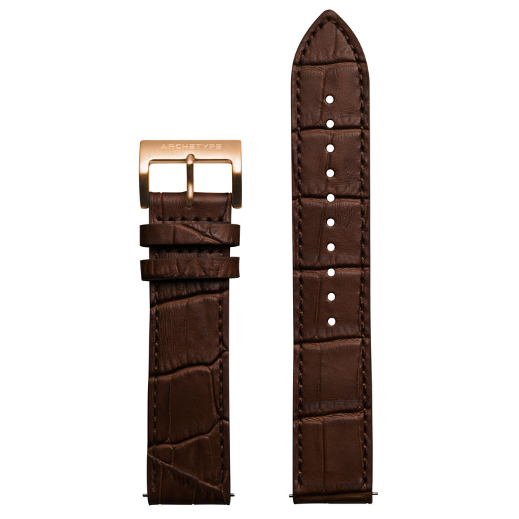20mm Embossed Croc Dark Brown Strap Rose Gold Buckle