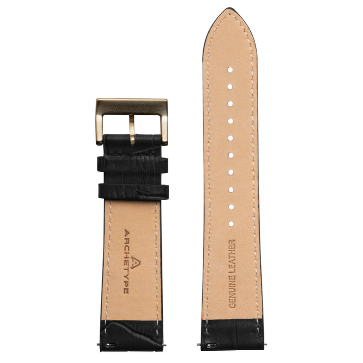 22mm Embossed Croc Black Strap Antique Gold Buckle