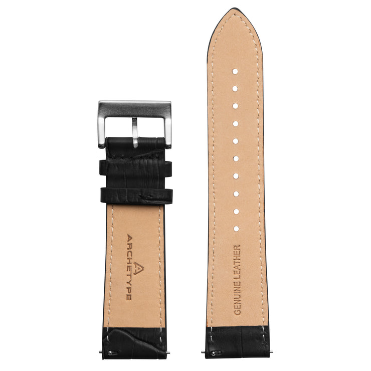 22mm Embossed Croc Black Strap Silver Buckle