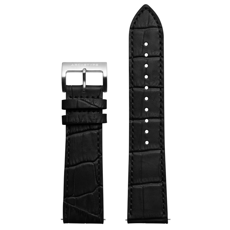 22mm Embossed Croc Black Strap Silver Buckle