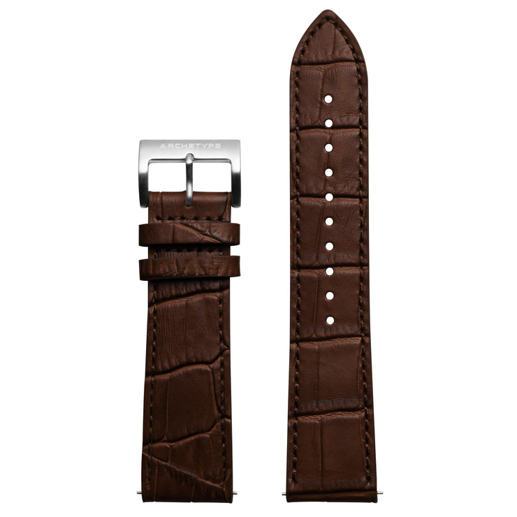 22mm Embossed Croc Dark Brown Strap Silver Buckle